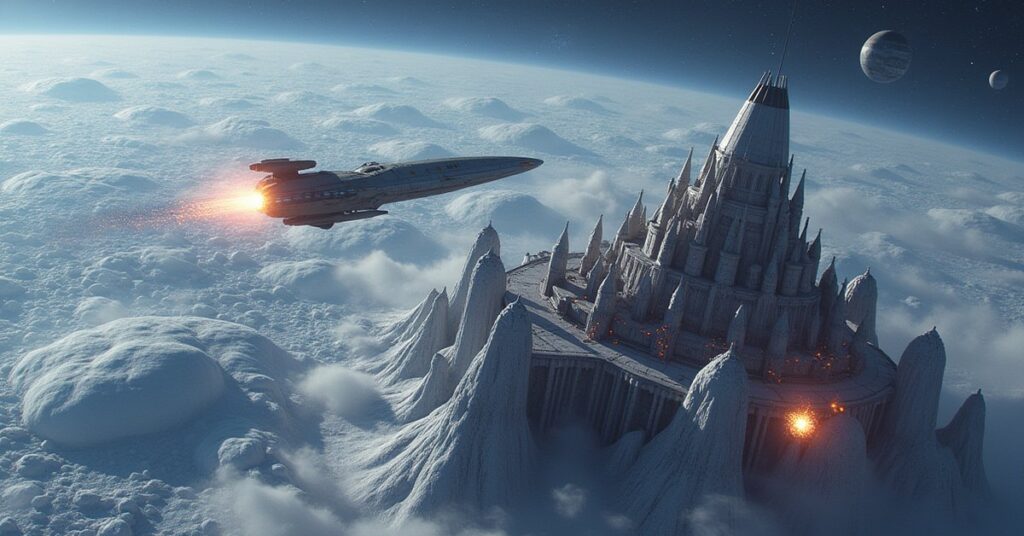 A Romulan command ship attacking a Klingon orbital defense grid above an icy planet