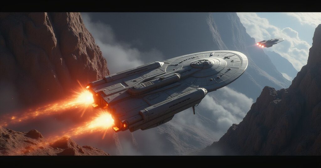 A Federation starship destroying a Romulan ship near a hidden lab in Star Trek Fleet Command