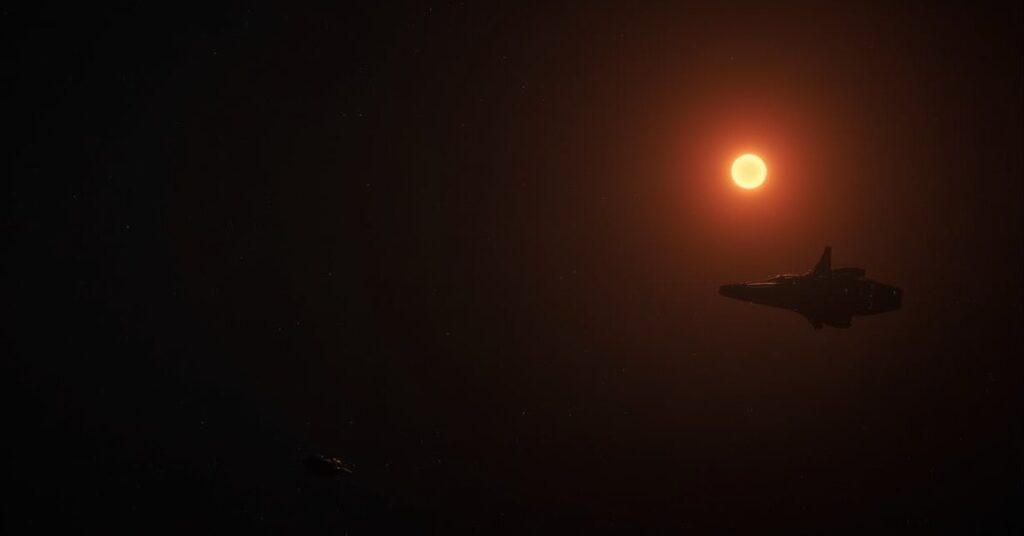 Federation starship answering a distress call near the Narendra system during the Business as Usual mission in STFC