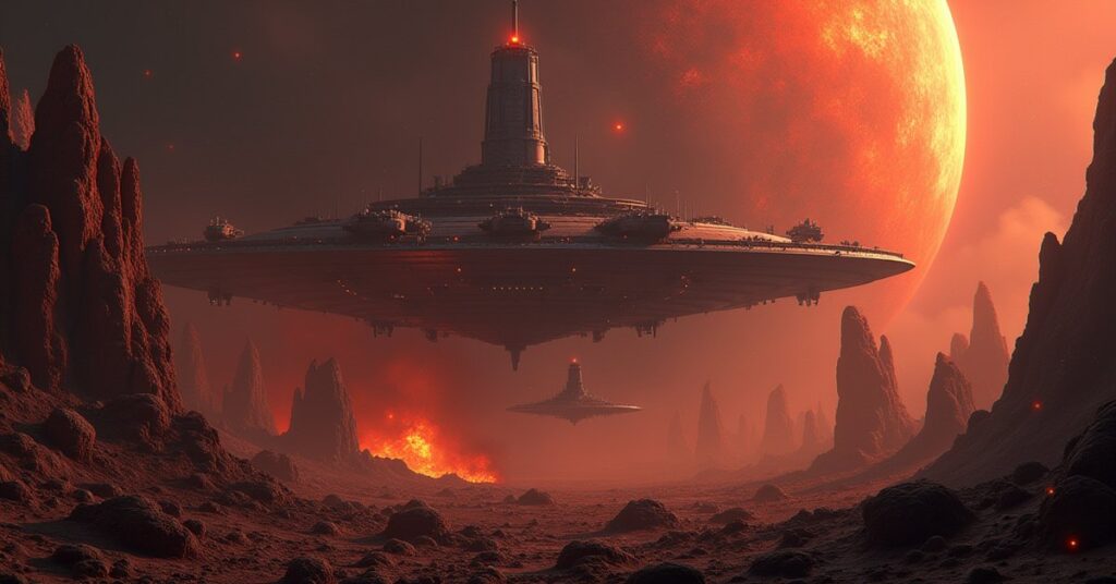 A Klingon research station above a mining world with scrapper ships nearby in Star Trek Fleet Command
