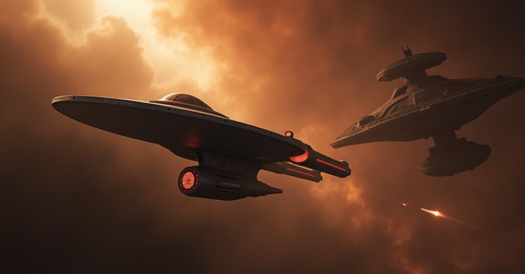 A starship facing a Klingon warship near a dusty nebula in Star Trek Fleet Command
