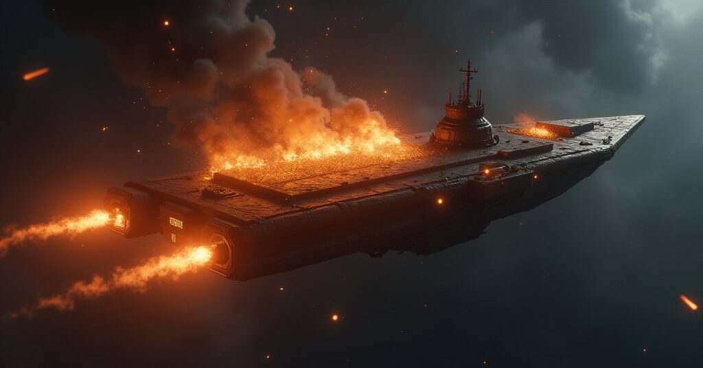 A starship chasing a trader's ship carrying glowing latinum in Star Trek Fleet Command
