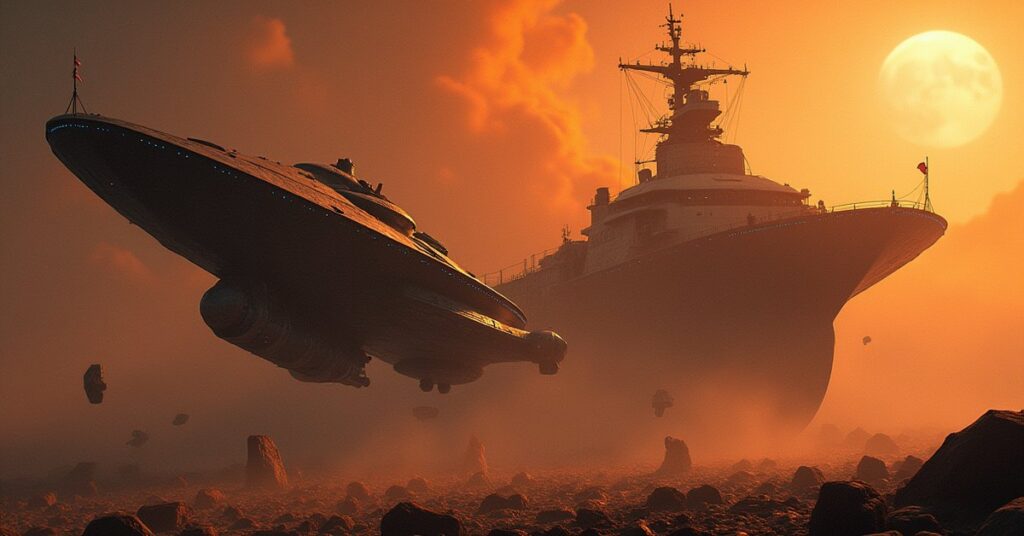 A starship confronting a scrap dealer's freighter in a debris field in Star Trek Fleet Command