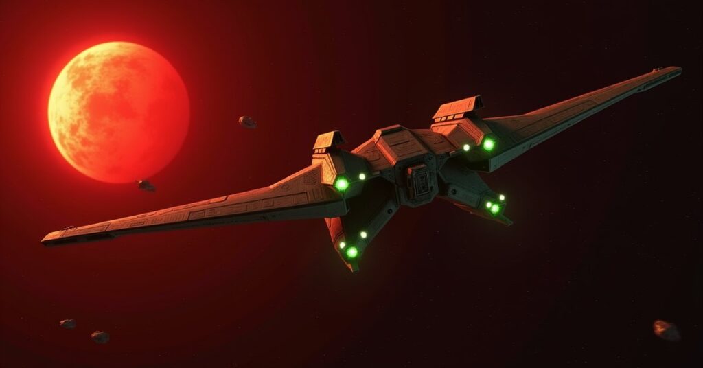 A Klingon ship engaging a Romulan warship near a red star in Star Trek Fleet Command