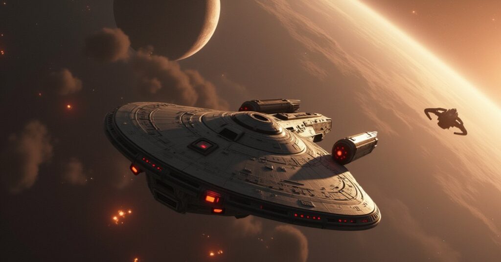 A starship orbiting a damaged colony world with hidden ships nearby in Star Trek Fleet Command