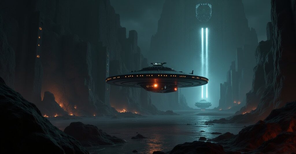 A starship breaking into a guarded Romulan laboratory as a guard ship rises to intercept