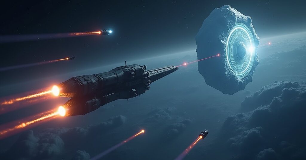 A starship firing phasers at target drones near a ringed ice giant in Star Trek Fleet Command
