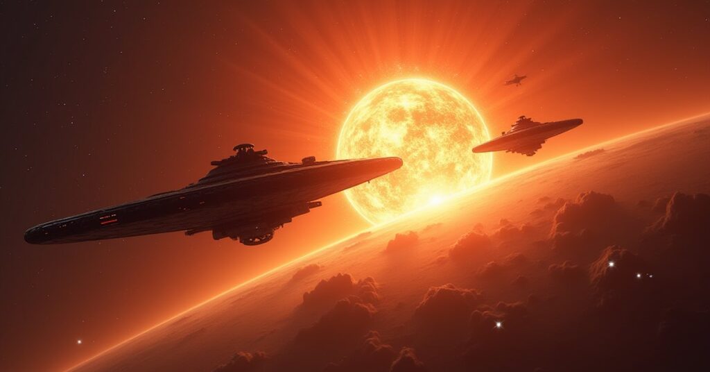 Two Federation starships facing off near a star about to go supernova in Star Trek Fleet Command