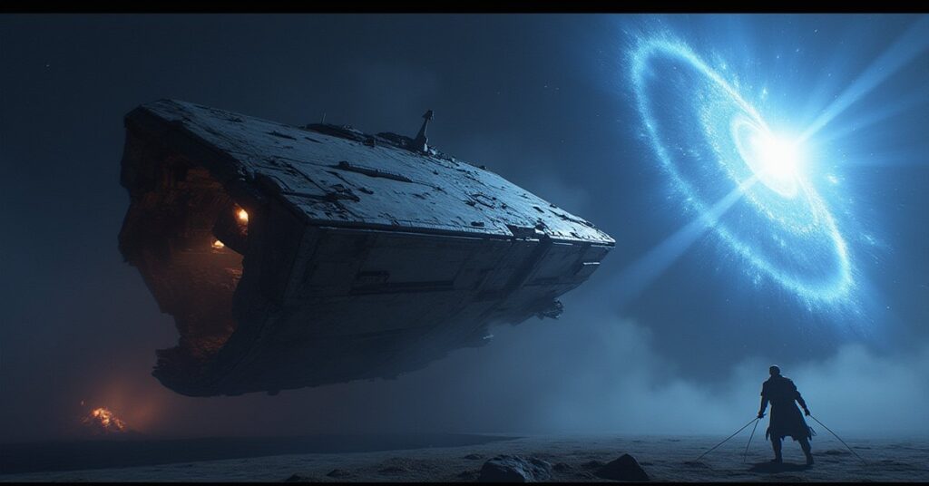 A damaged Andorian starship approaching a space station with a shimmering anomaly in the distance