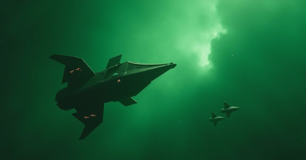 A starship confronting an Orion slaver vessel in a green nebula in Star Trek Fleet Command