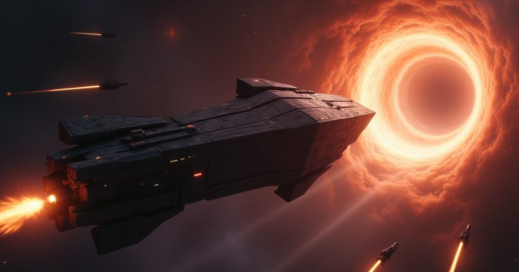 A starship firing on a supply ship racing toward a wormhole in Star Trek Fleet Command