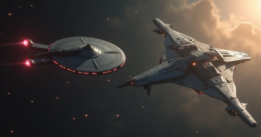 A Federation starship escorts a Mari vessel toward a Devore warship for negotiations