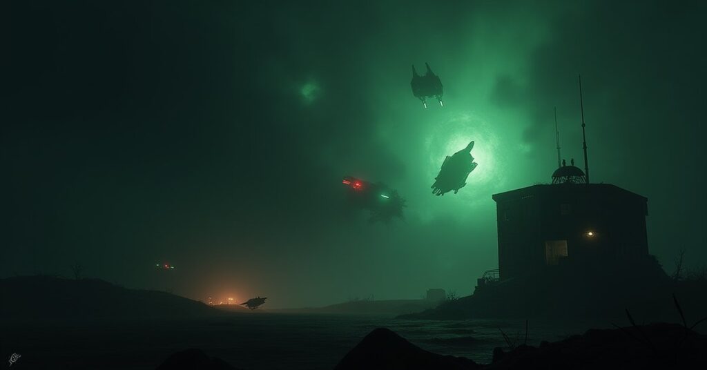 A Federation starship facing Borg vessels near a derelict outpost in a dark nebula