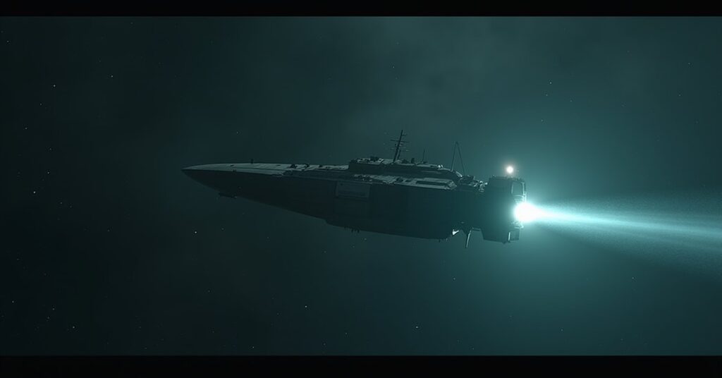 A starship scanning an empty cargo ship at the end of a warp trail in Star Trek Fleet Command