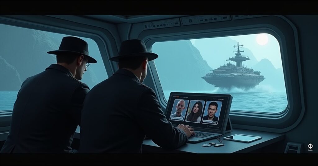 A detective and captain weighing three murder suspects on a starship bridge in Star Trek Fleet Command