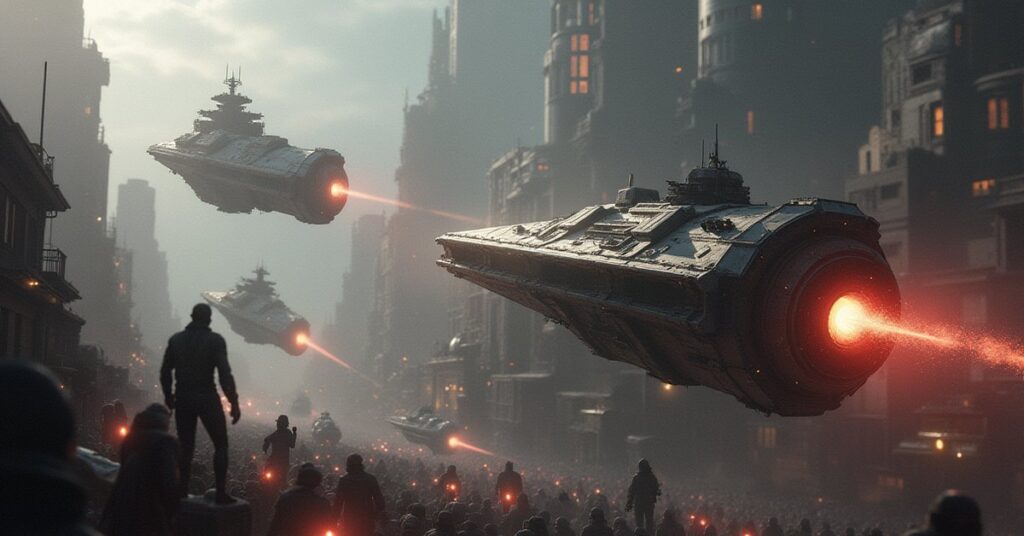 A starship shielding civilian transports from a gang battle near a spaceport in Star Trek Fleet Command