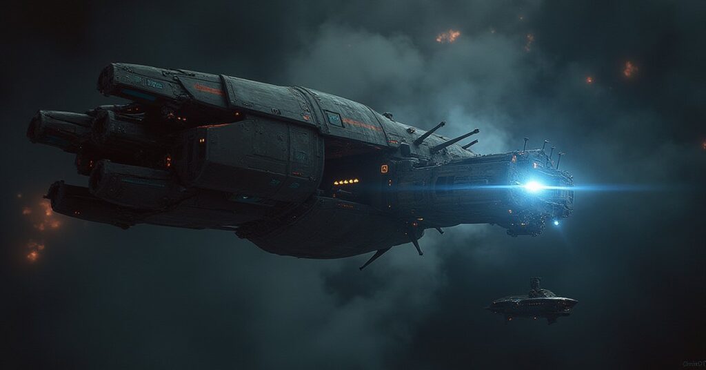An Orion trading vessel with a captured Borg drone near a starship in Star Trek Fleet Command