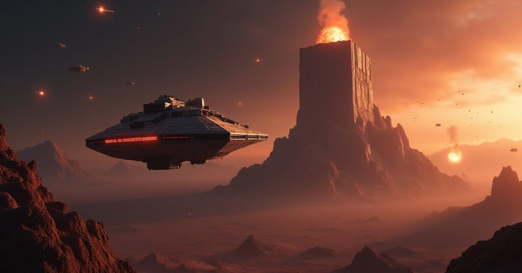 A starship assaulting a fortified asteroid base in Star Trek Fleet Command