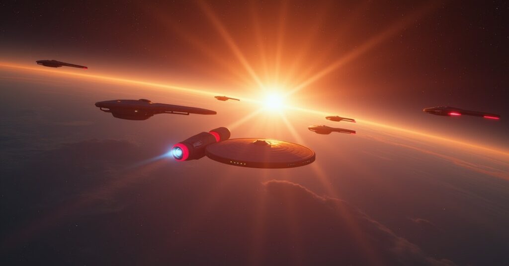 Starfleet ships in parade formation above Earth near a starbase in Star Trek Fleet Command