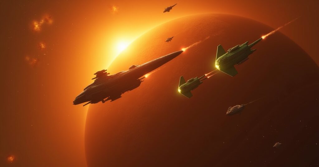 A starship battling two Orion slaver vessels above an orange planet in Star Trek Fleet Command