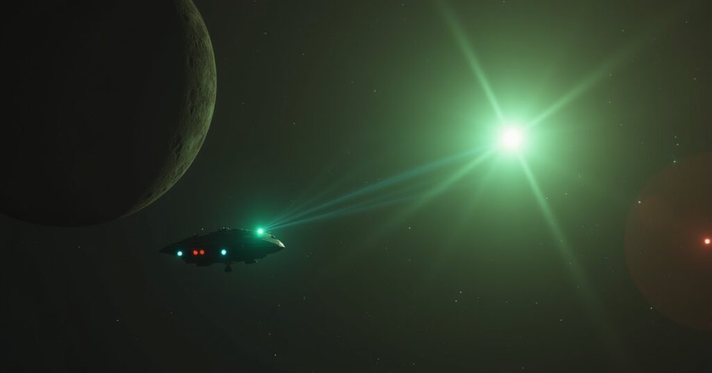 A starship tracking a faint signal toward a hidden beacon with Romulus behind it in Star Trek Fleet Command