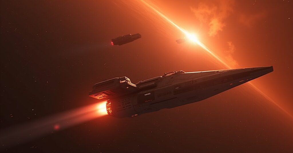 A small research ship with a glowing warp core fleeing Nausicaan raiders as an escort ship fires back