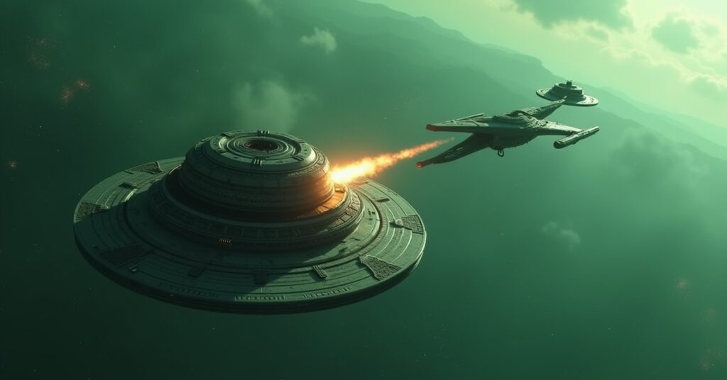 A starship firing on a Romulan command ship above a Romulan data center in Star Trek Fleet Command