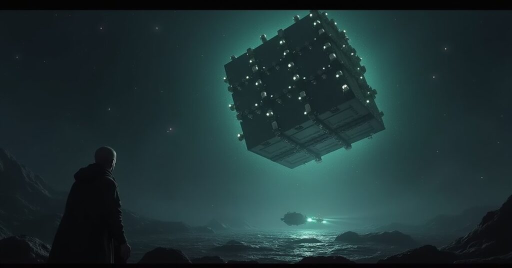 A Borg Cube looms in front of a small starship in dark space in Star Trek Fleet Command