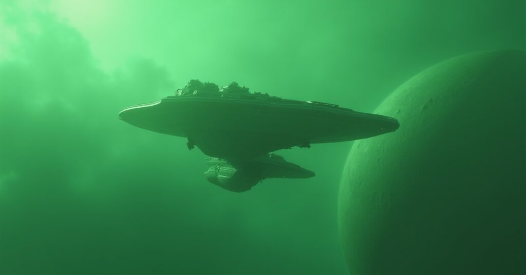A starship confronting a stealth cruiser above a world under toxic green clouds in Star Trek Fleet Command