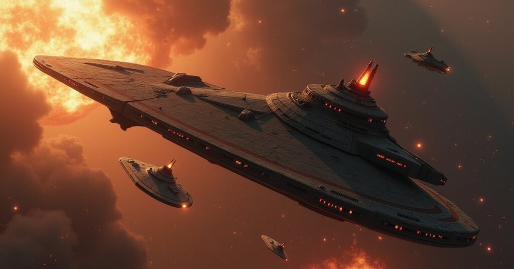 A starship attacking a Klingon defense ship above an outpost in Star Trek Fleet Command