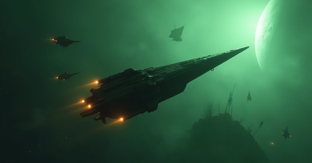 A Romulan warbird clearing pirate ships from a green-lit sector in Star Trek Fleet Command