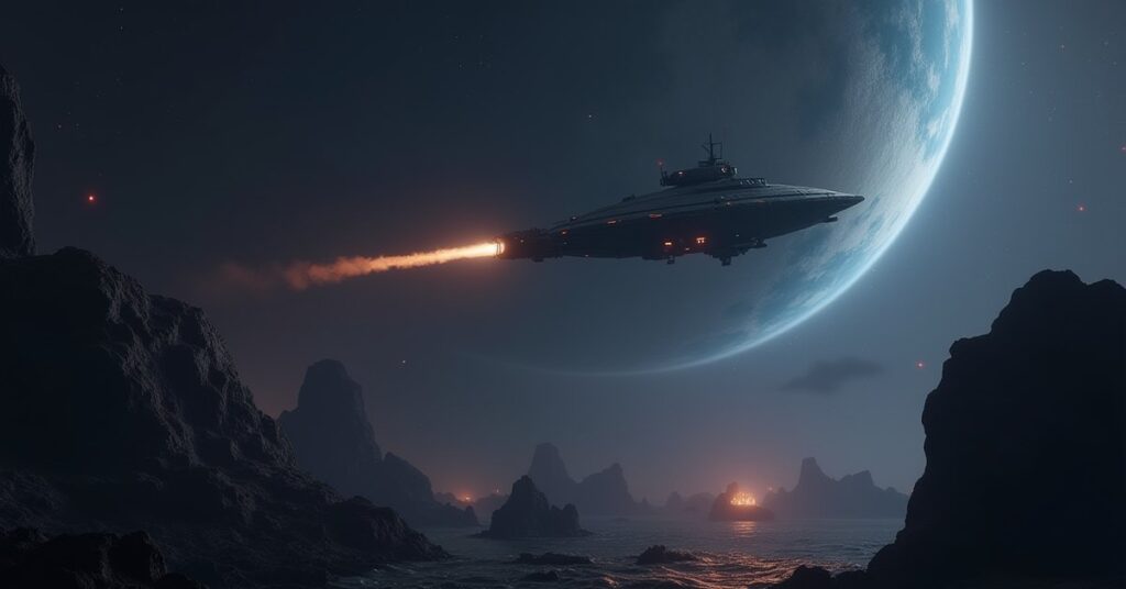A starship attacking a guard ship above a planet with a hidden hideout in Star Trek Fleet Command