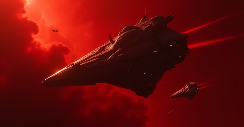 A Romulan warbird decloaking behind a Klingon flagship in a red nebula in Star Trek Fleet Command