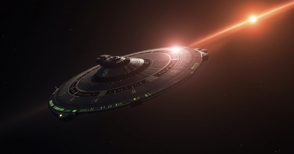 The USS Defiant fading as it engages its cloak near a space station in Star Trek Fleet Command