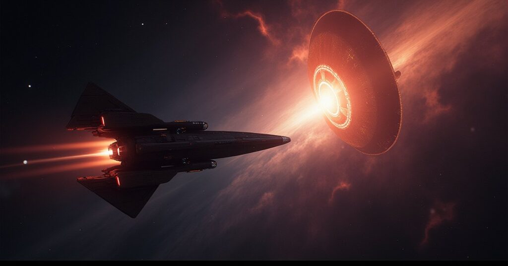 A starship intercepting a Federation envoy ship near an ancient glowing structure in Star Trek Fleet Command