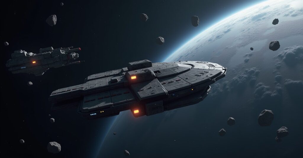 A Federation starship heading toward Earth with a defeated pirate vessel behind it in Star Trek Fleet Command