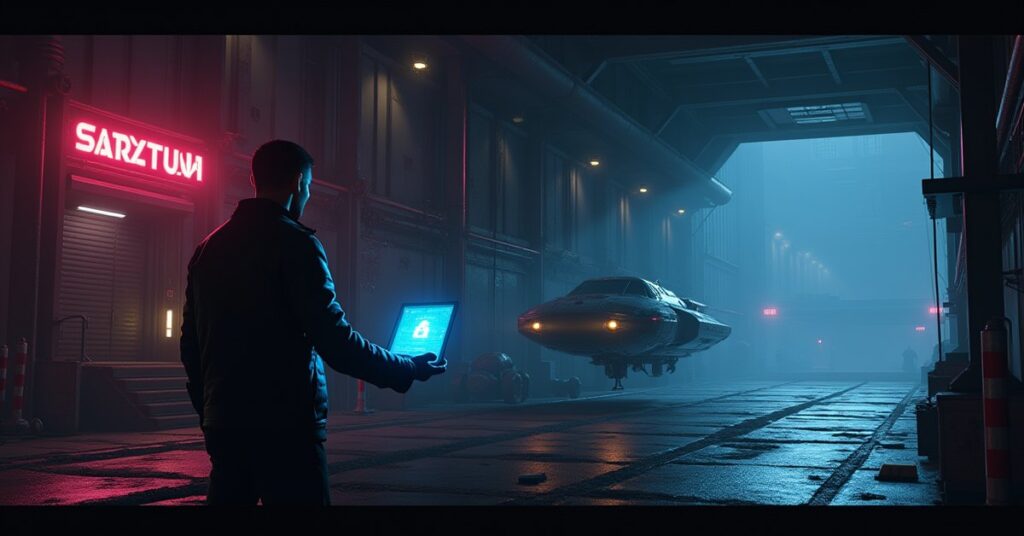 A starship at a trading station while an informant passes over a glowing encrypted data chip in Star Trek Fleet Command