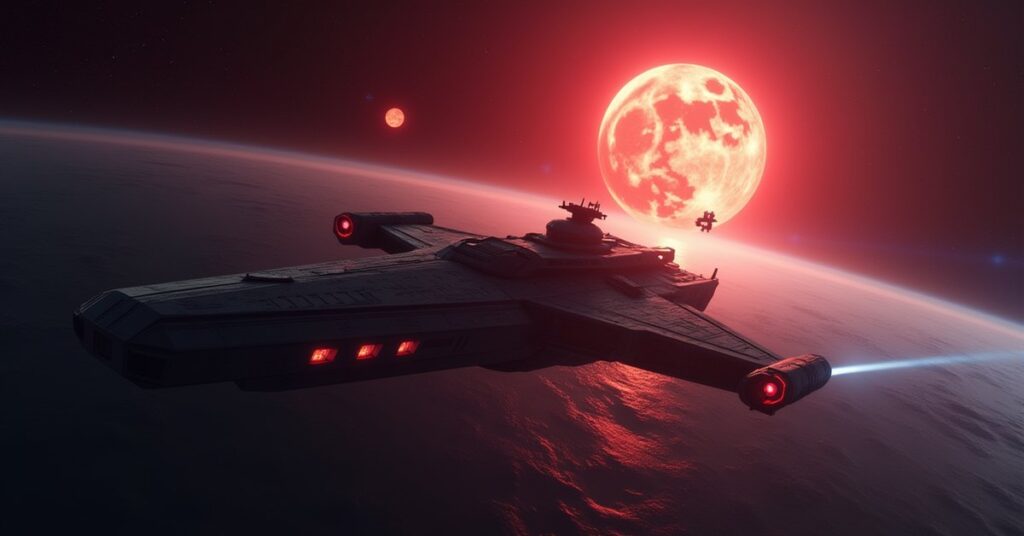 A starship holding a small ship in a tractor beam between a red sun and a blue sun in Star Trek Fleet Command