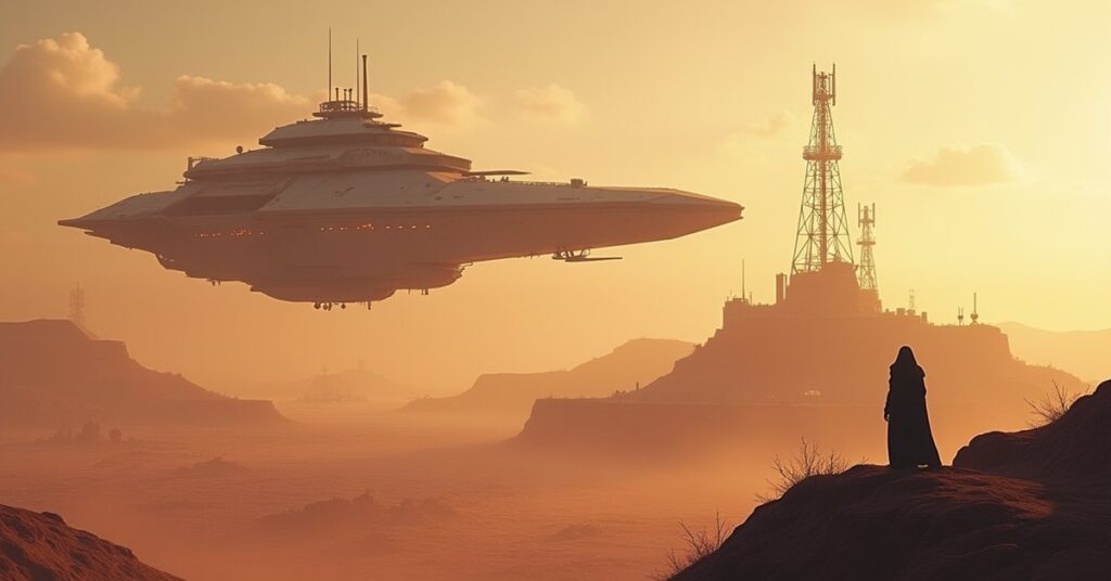 A starship hovers over a Baelosian colony with a broadcast antenna in Star Trek Fleet Command
