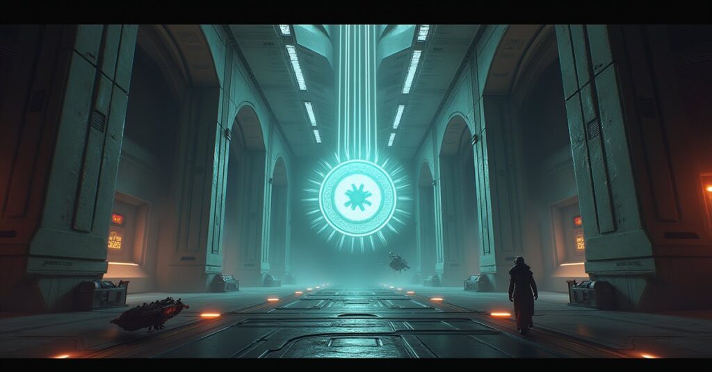 An ancient artifact glowing in a space station gallery as a damaged trader ship docks outside