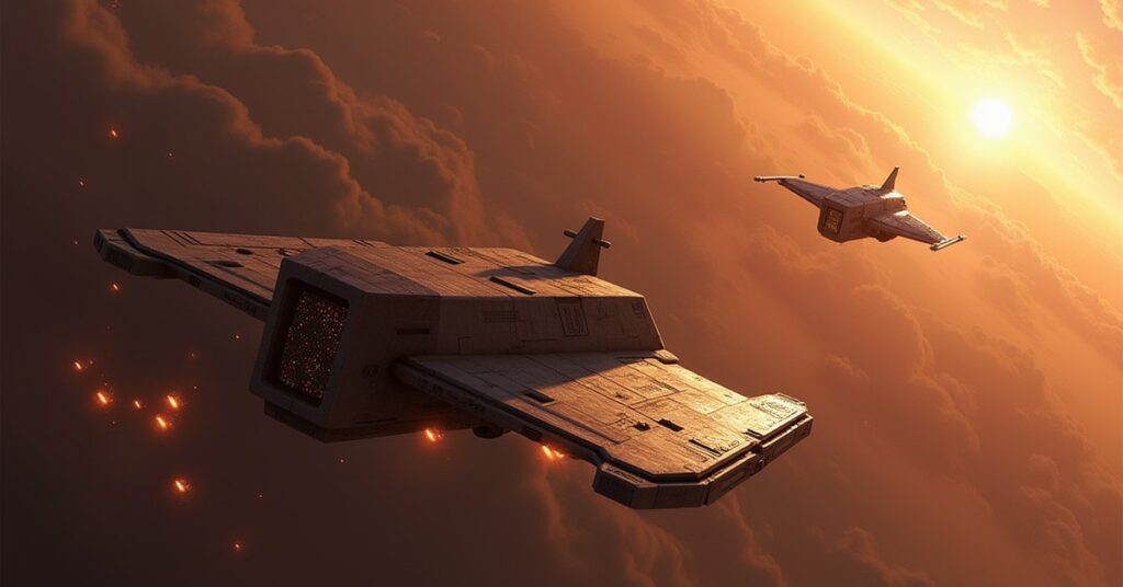 A Klingon ship escorting a diplomatic shuttle past Rigel VII in Star Trek Fleet Command