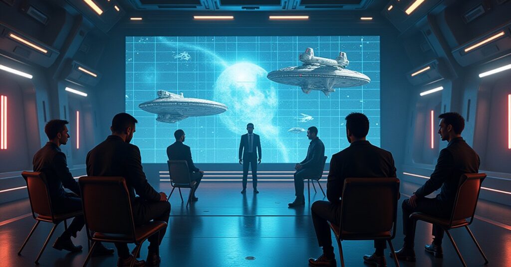 Academy cadets on a holodeck bridge facing training drones in a combat simulation