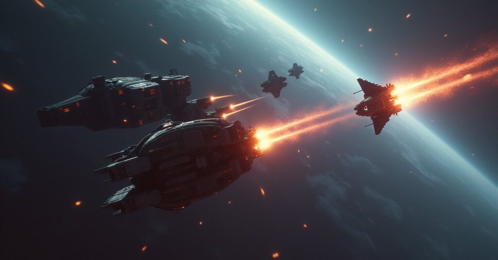 A small starship firing on a pirate raider near a space station in Star Trek Fleet Command