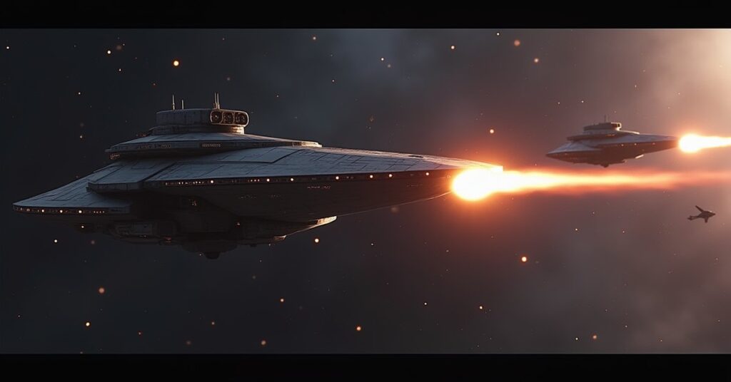 A new starship firing on a small hostile craft near a home station in Star Trek Fleet Command