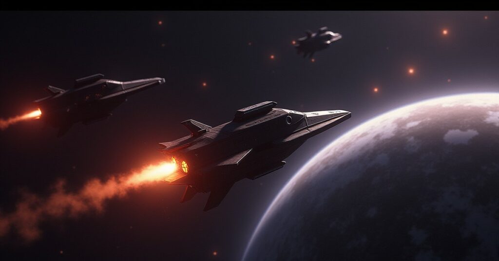 A small starship firing on a hostile raider near a ringed planet in Star Trek Fleet Command