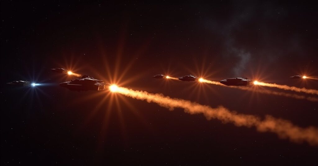 A small starship trading fire with several hostile ships in Star Trek Fleet Command