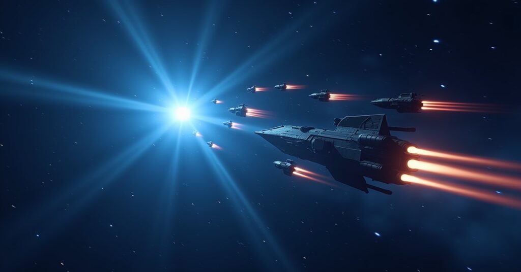 A small starship fighting raider ships near a blue star in Star Trek Fleet Command