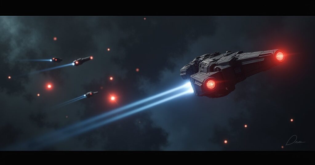 A starship dueling an enemy warship in a combat training range in Star Trek Fleet Command