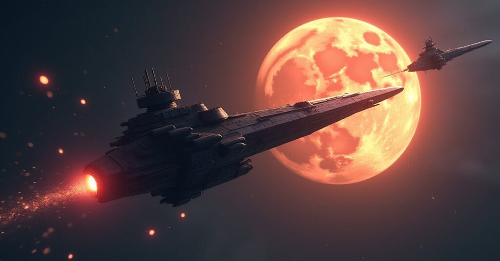 A starship dueling a pirate cruiser beside a glowing moon in Star Trek Fleet Command