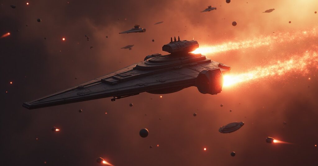 A starship fighting several hostile raiders in an asteroid field in Star Trek Fleet Command